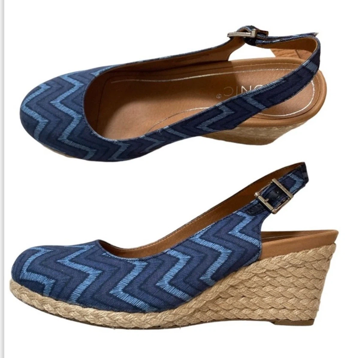 Vionic Blue Chevron Slingback Wedge Espadrilles Size 8