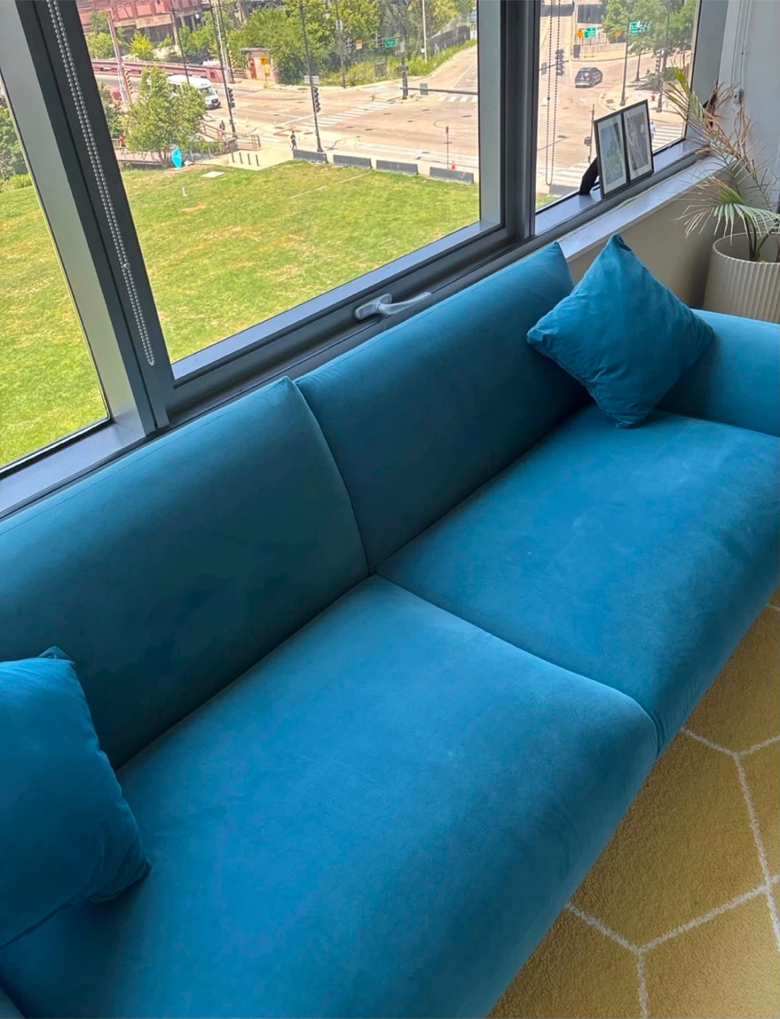Teal Velvet Sofa with Accent Pillows