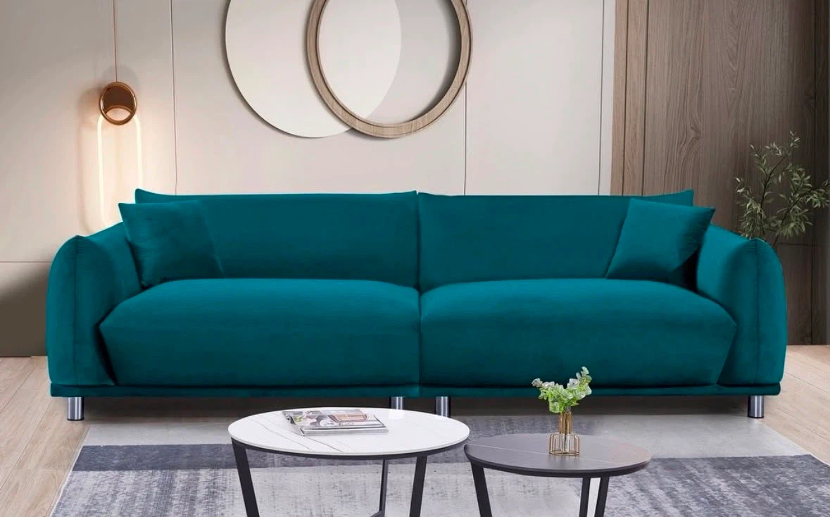 Teal Velvet Sofa with Accent Pillows - photo 3
