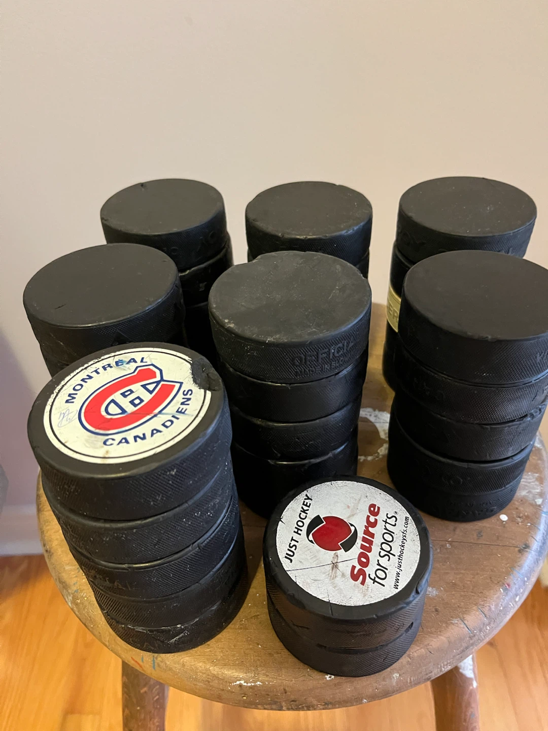 Used hockey pucks