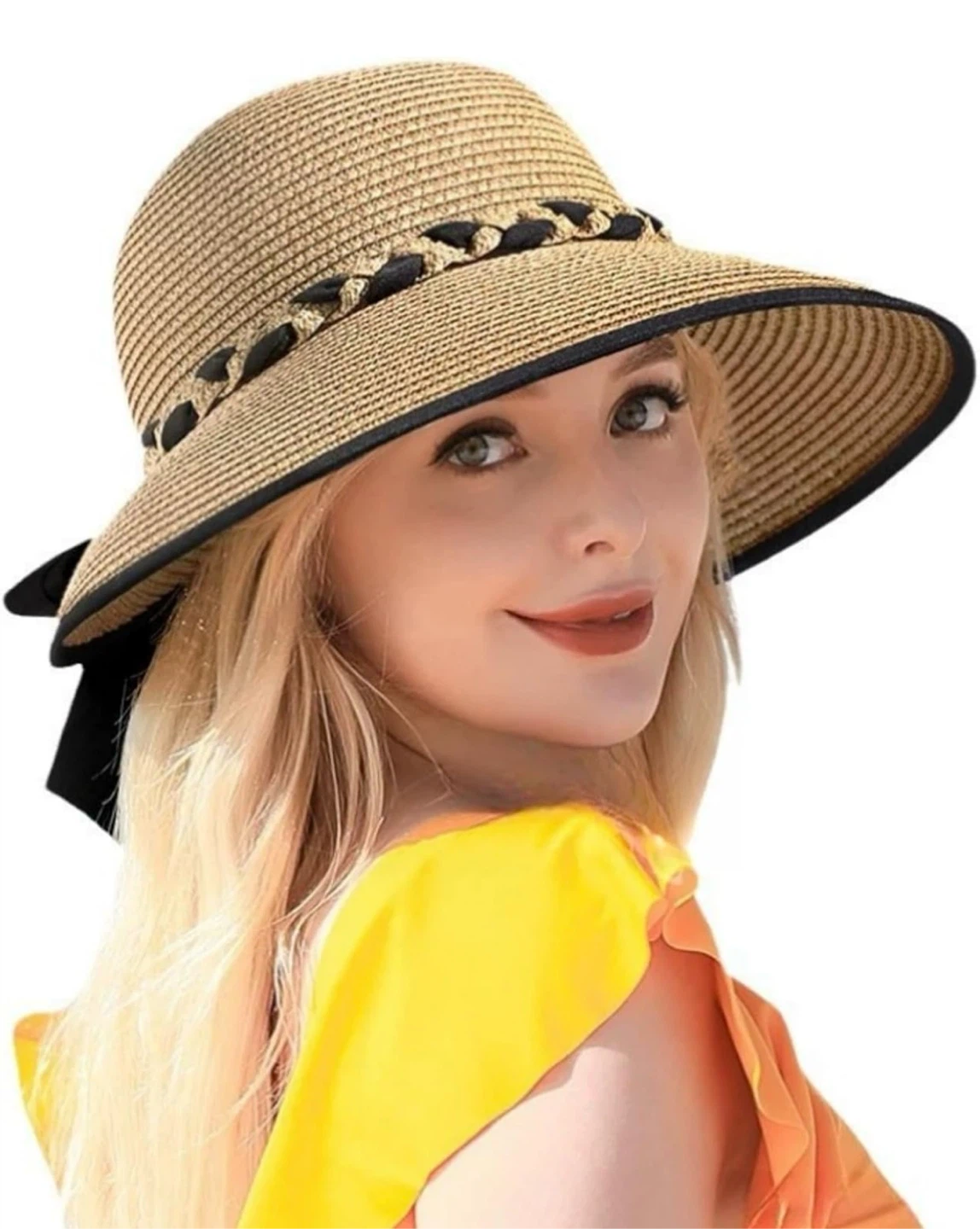 Woven Straw Sun Hat with Black Ribbon Bow