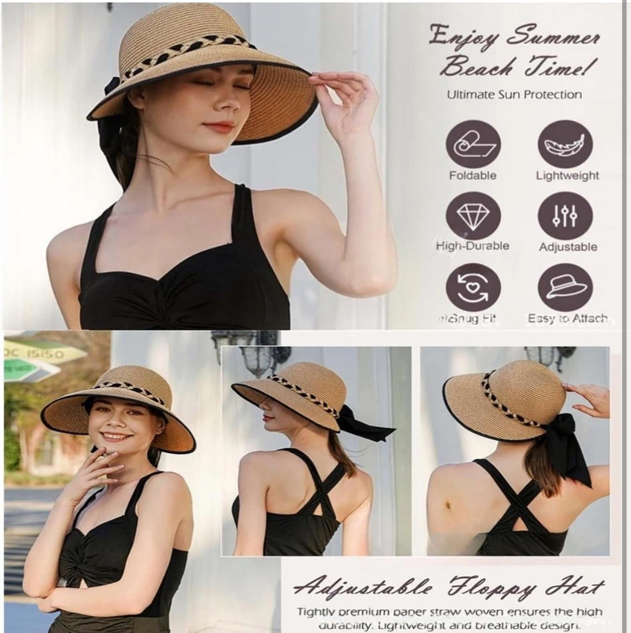 Woven Straw Sun Hat with Black Ribbon Bow - photo 3