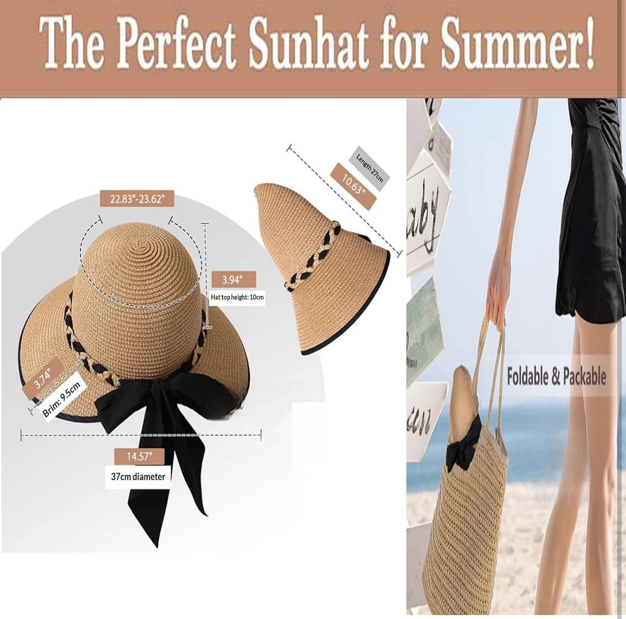 Woven Straw Sun Hat with Black Ribbon Bow - photo 4