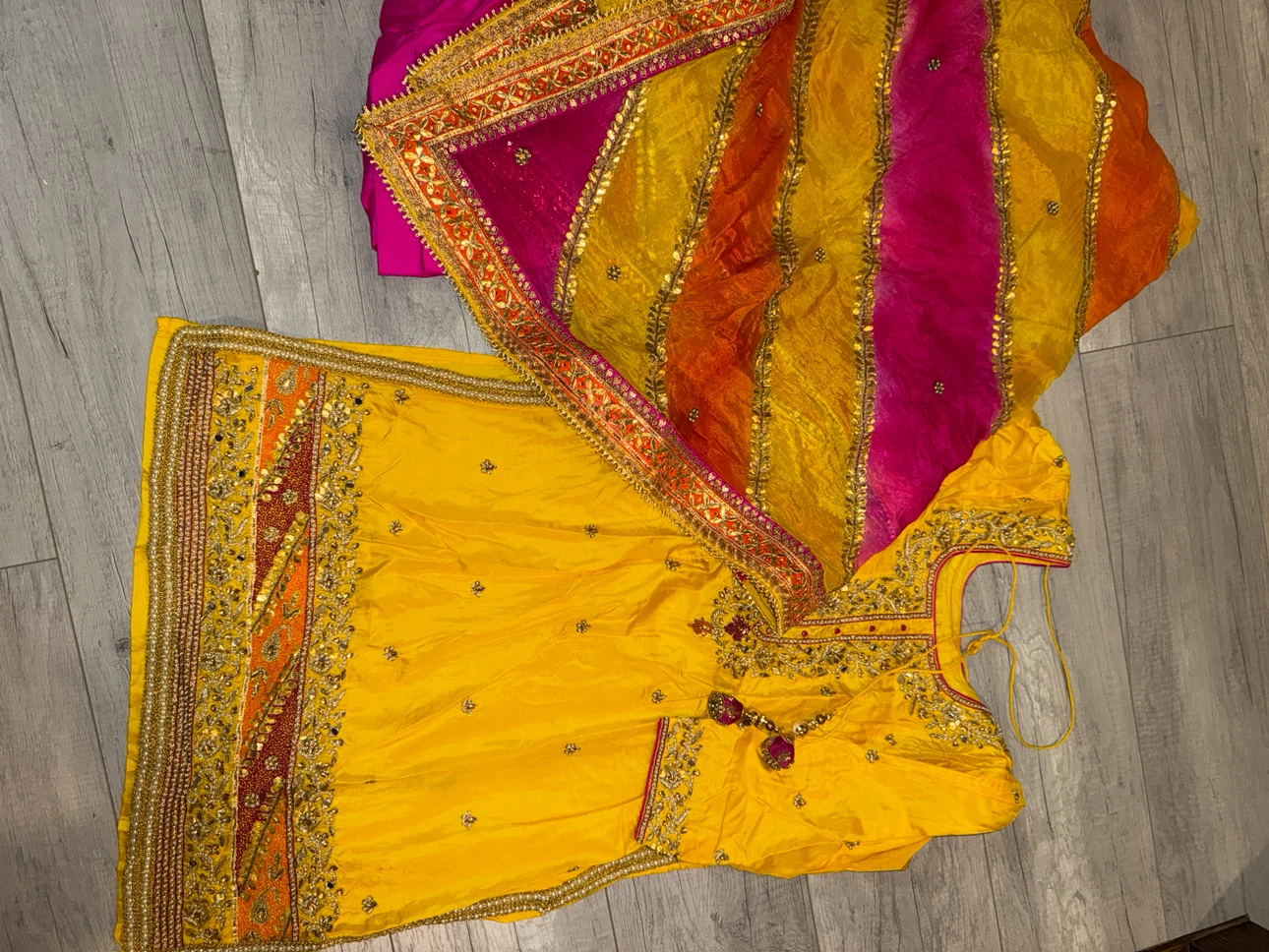Yellow Embroidered Indian Outfit pure silk with Dupatta - photo 5