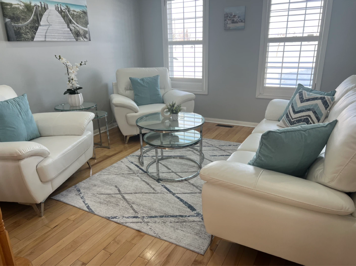 White Faux Leather Sofa Set,Glass & Chrome Nesting Tables