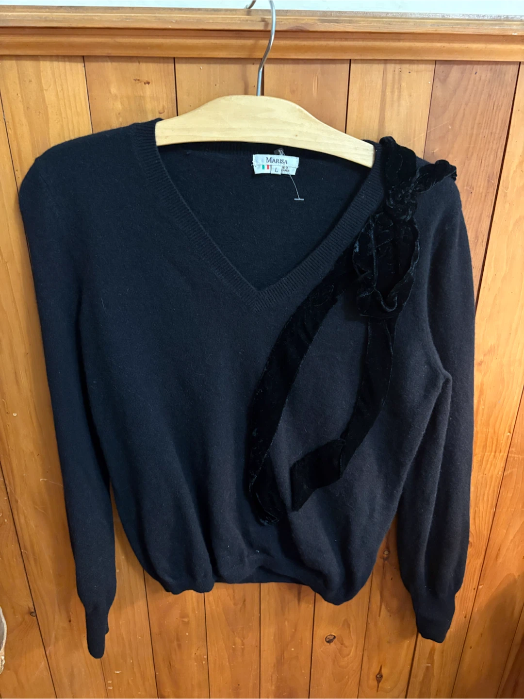 Marisa Black V-Neck Sweater with Velvet Detail - Size L