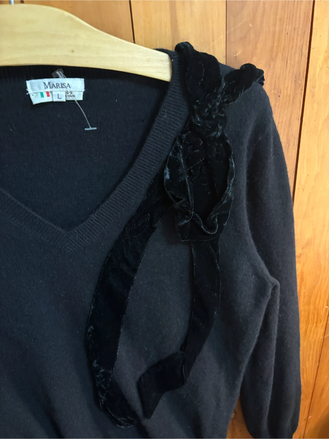 Marisa Black V-Neck Sweater with Velvet Detail - Size L - photo 3