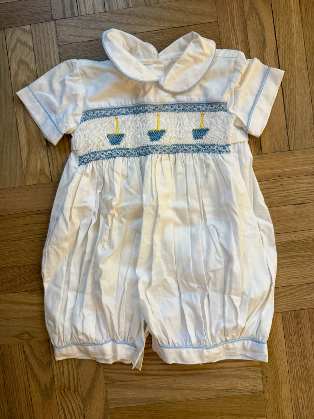 Brand New White Smocked Romper with Sailboats - Size 12 Months