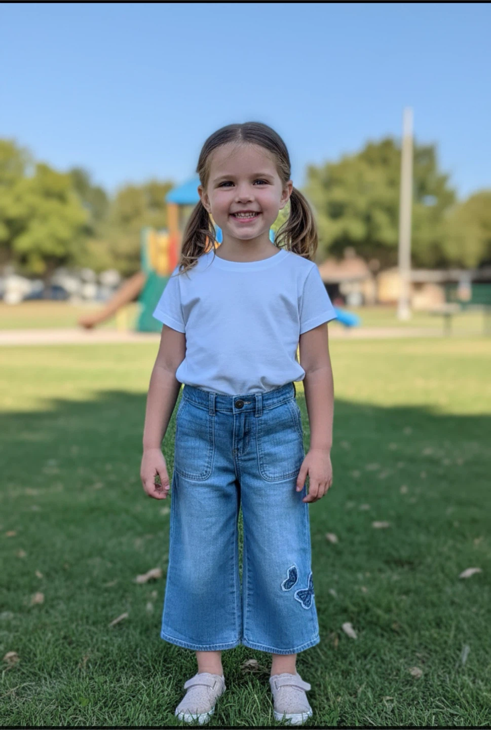 Girl's Light Wash Denim Culottes with Butterflies