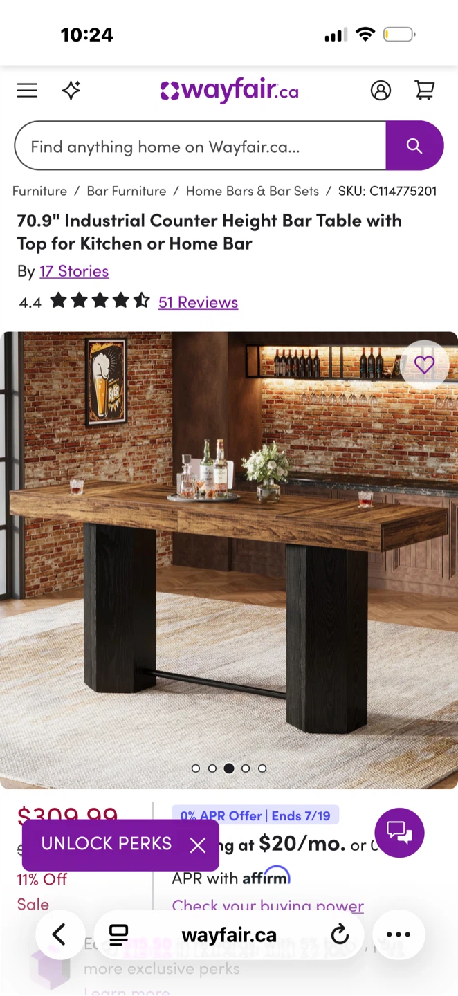 Wayfair 70.9" Industrial Counter Height Bar Table