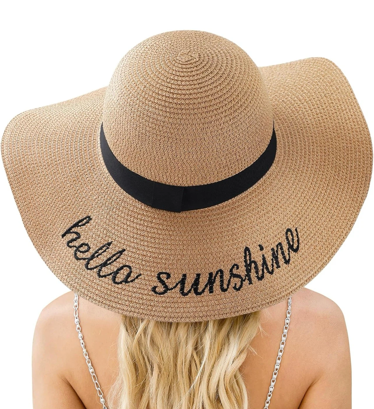 Wide Brim Straw Sun Hat - "hello sunshine"