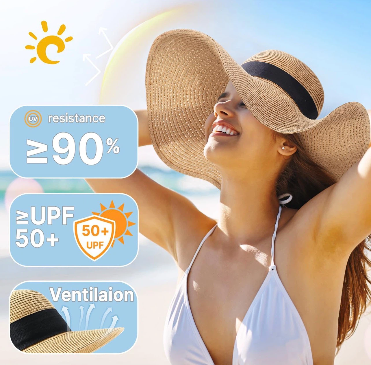 Wide Brim Straw Sun Hat - "hello sunshine" - photo 2