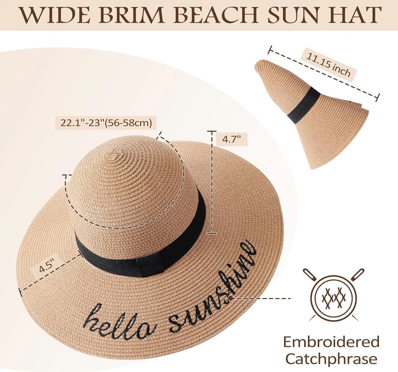 Wide Brim Straw Sun Hat - "hello sunshine" - photo 3