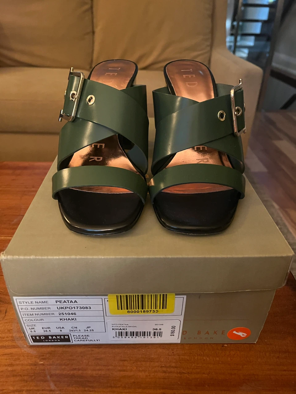 Ted Baker Khaki Buckle Mule Sandals Size 38.5