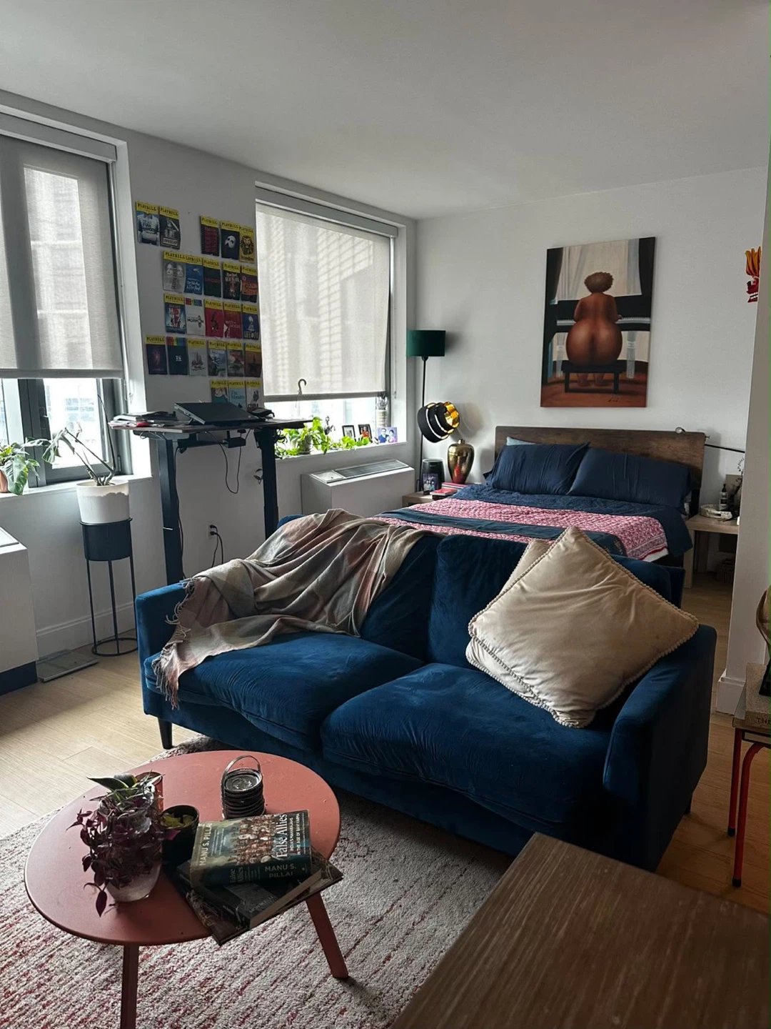 Navy Blue Velvet Loveseat Sofa + red metal side table