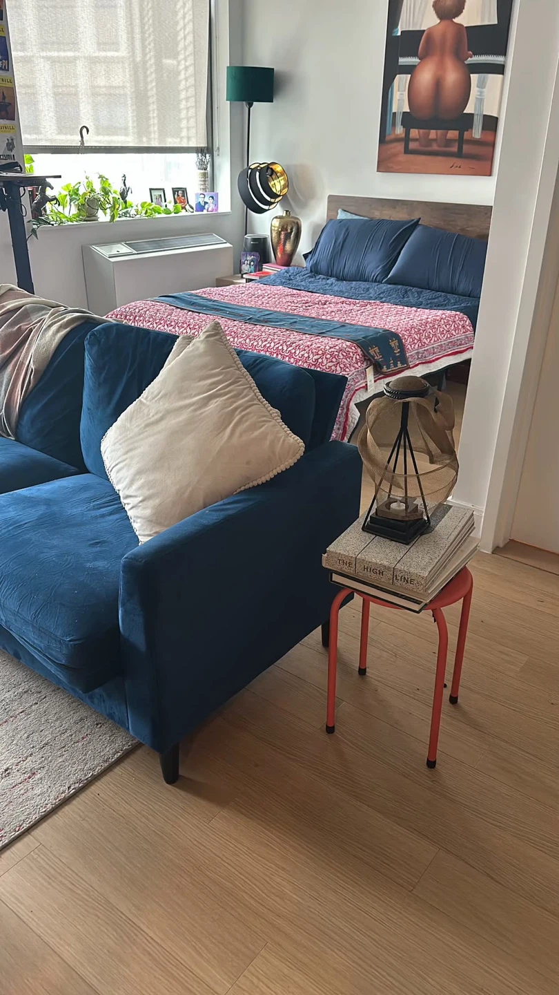 Navy Blue Velvet Loveseat Sofa + red metal side table - photo 2