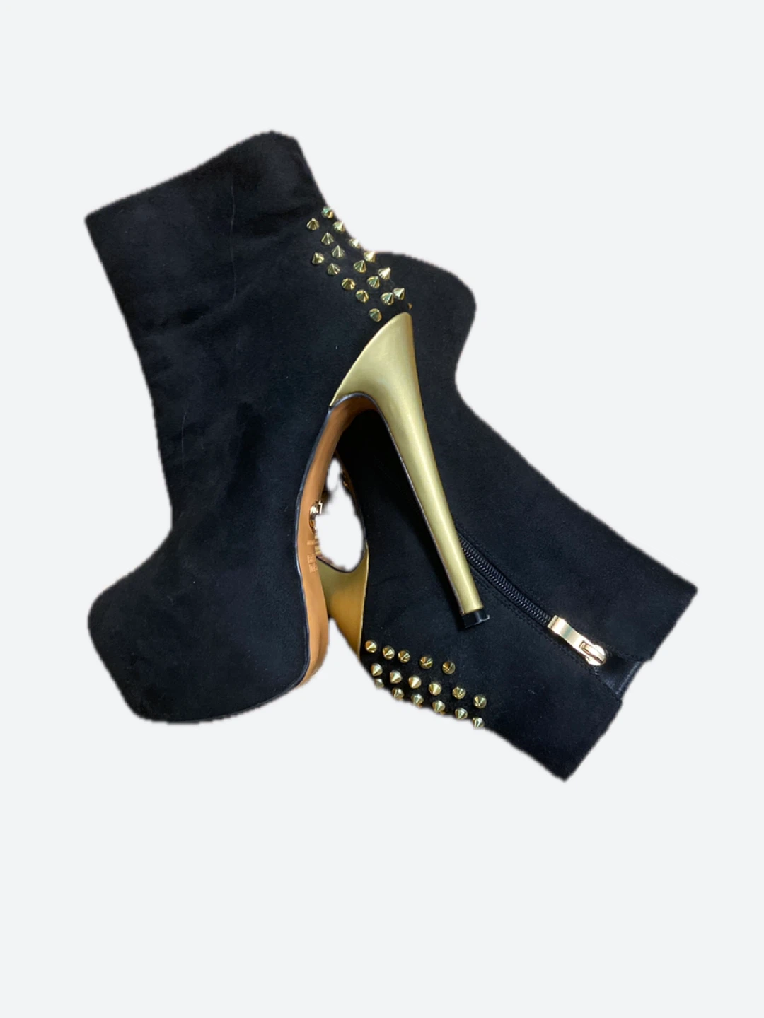 Black Suede Ankle Boots with Gold Studs and Stiletto Heels