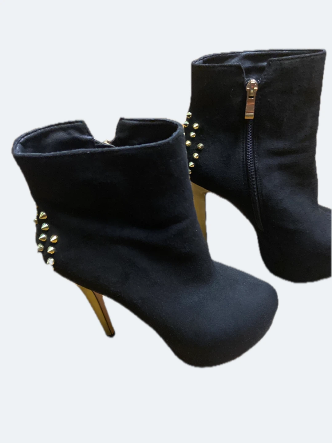 Black Suede Ankle Boots with Gold Studs and Stiletto Heels - photo 2