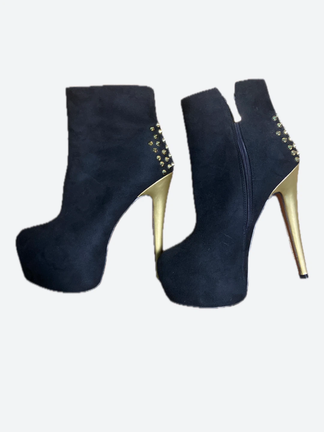 Black Suede Ankle Boots with Gold Studs and Stiletto Heels - photo 3