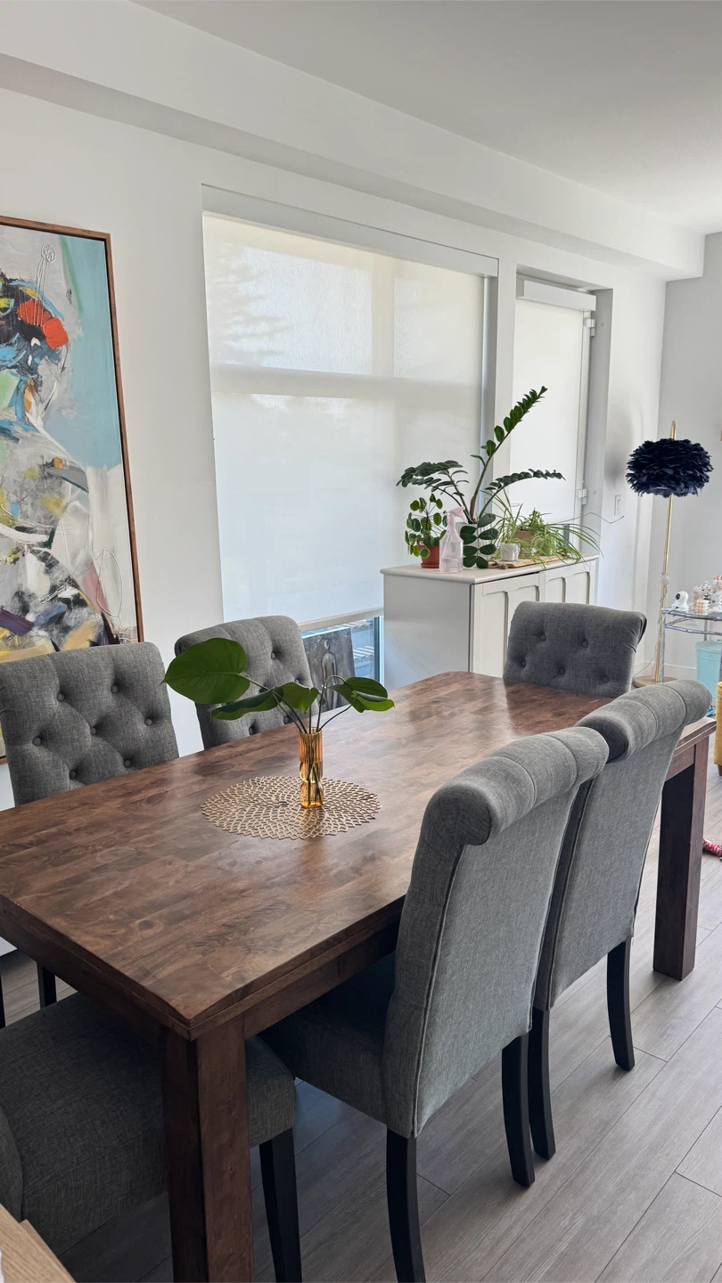 Wooden Dining Table with Grey Upholstered Chairs