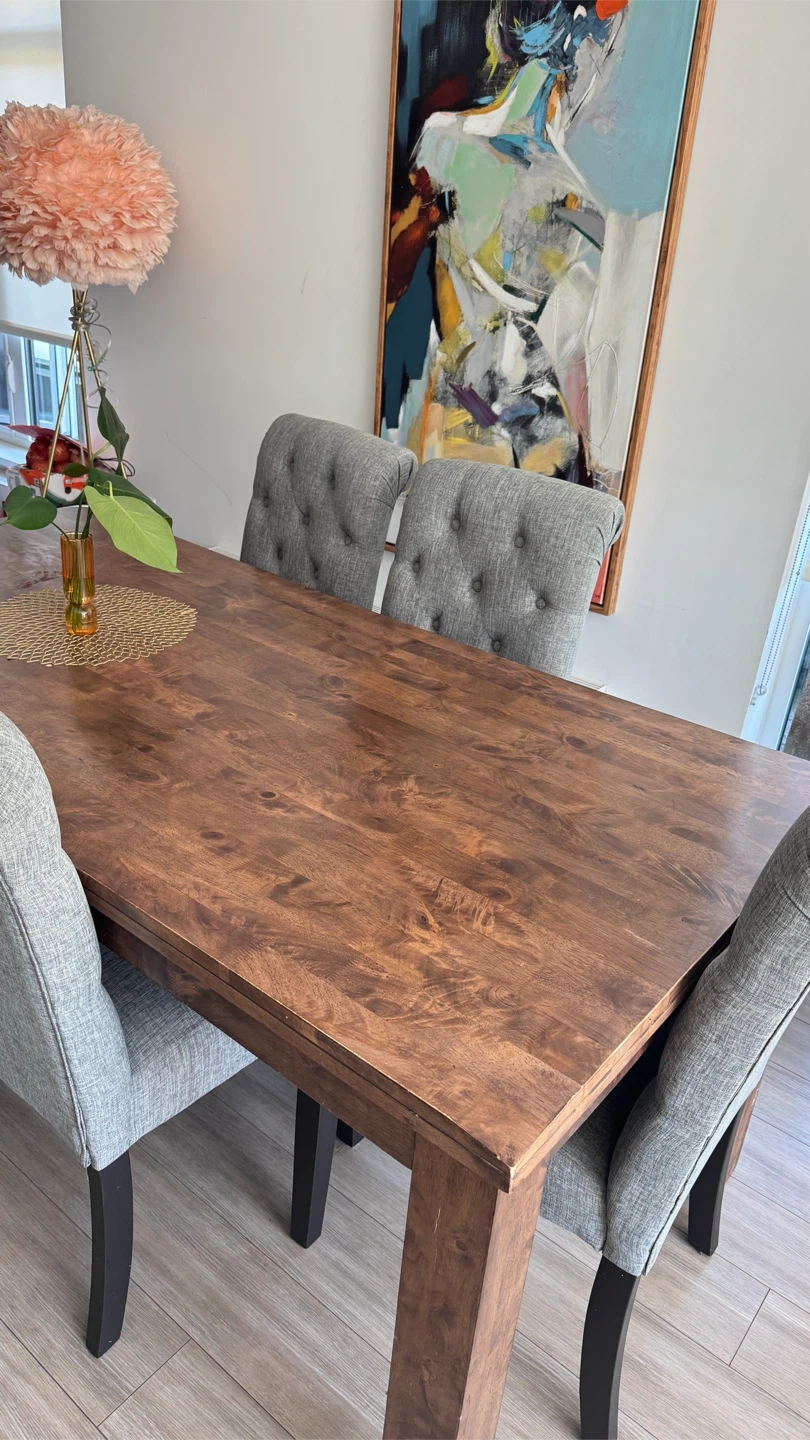 Wooden Dining Table with Grey Upholstered Chairs - photo 2