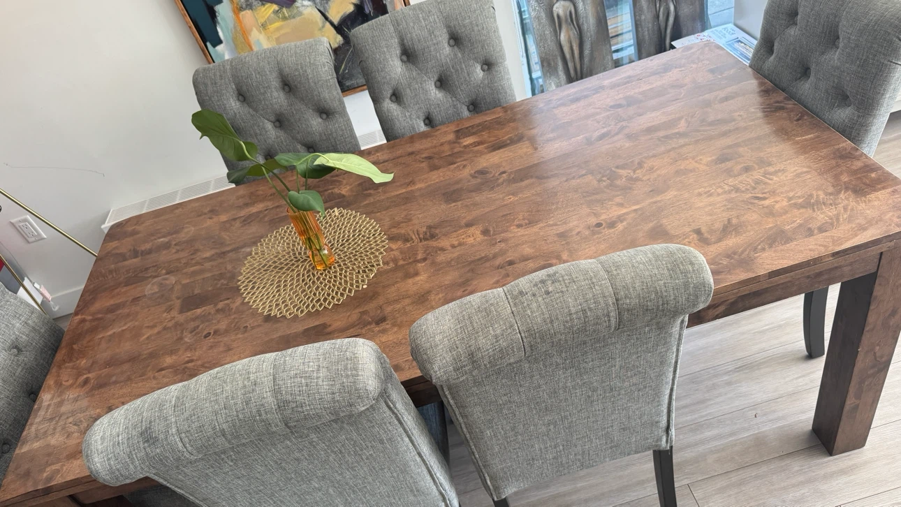 Wooden Dining Table with Grey Upholstered Chairs - photo 3