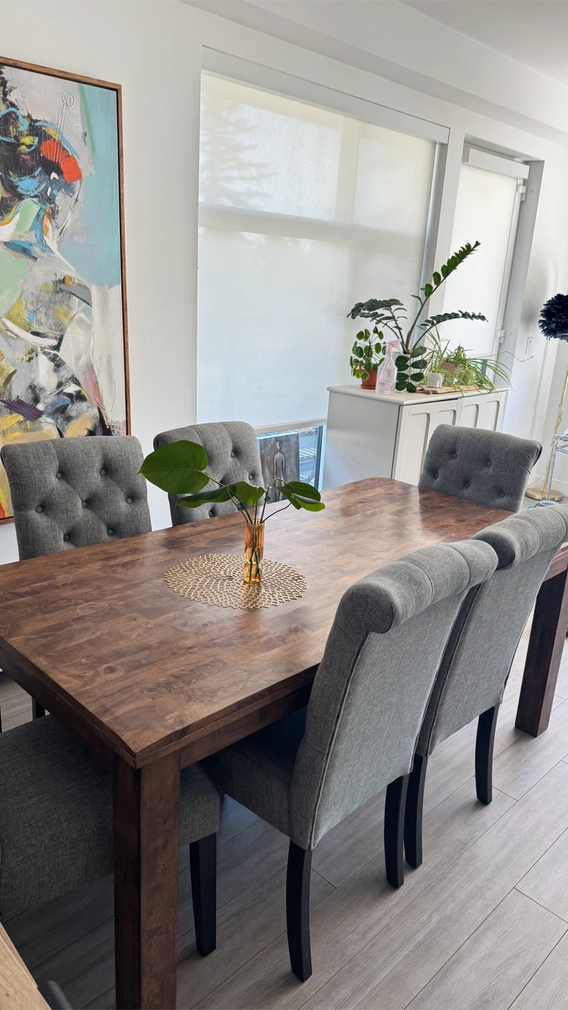 Wooden Dining Table with Grey Upholstered Chairs - photo 4