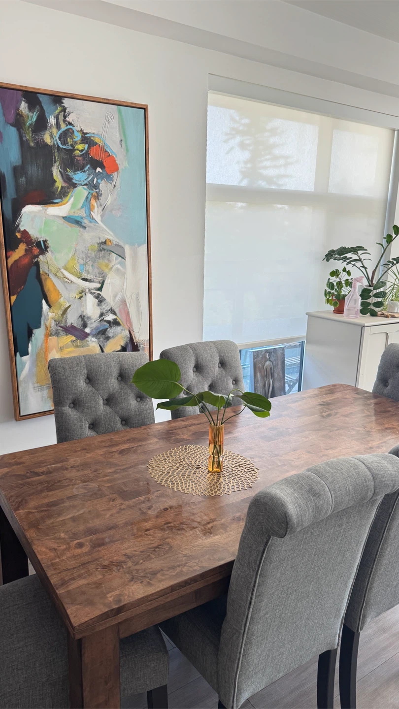 Wooden Dining Table with Grey Upholstered Chairs - photo 5