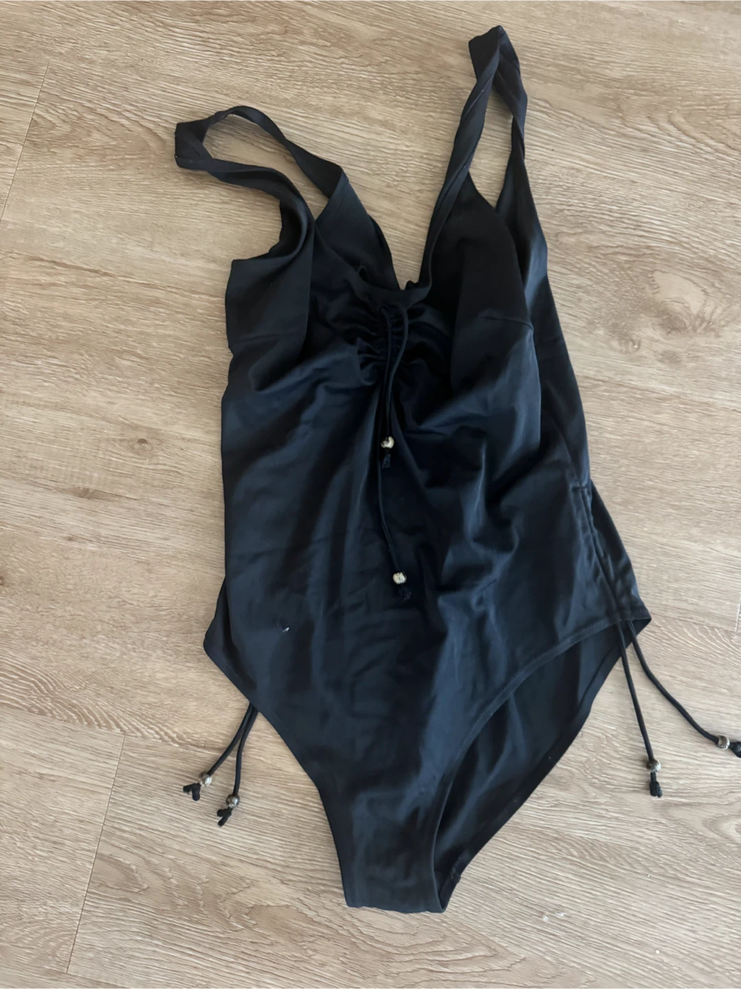 Black One-Piece Swimsuit with Drawstring