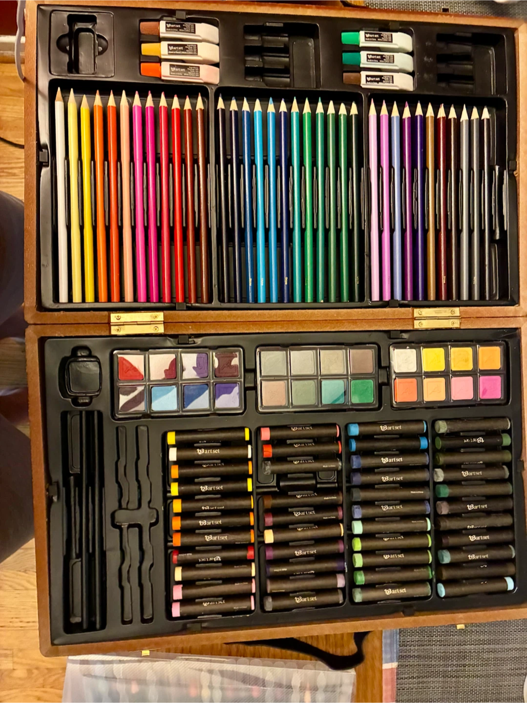 Art Set Wooden Case with Colored Pencils, Crayons & Watercolors