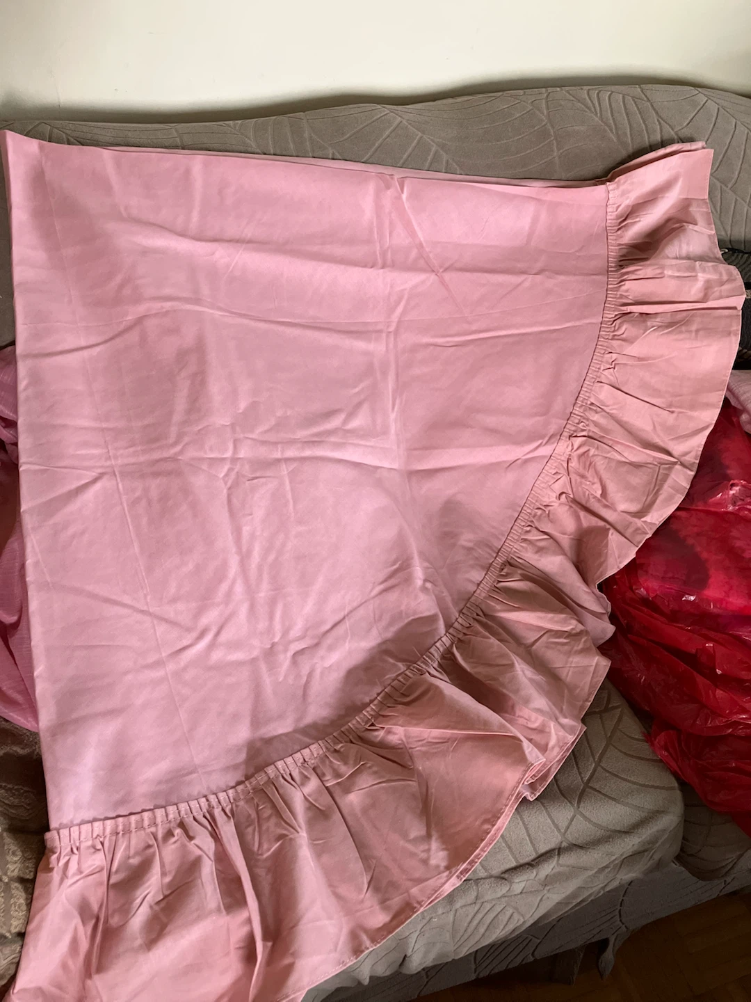 Pink Ruffled Fabric Table Cloth-72” Diameter