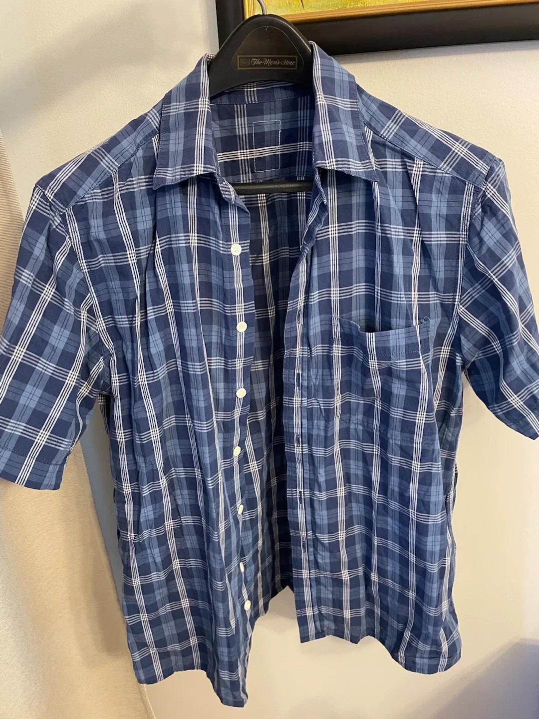 Men's Blue Plaid Short Sleeve Button-Up Shirt