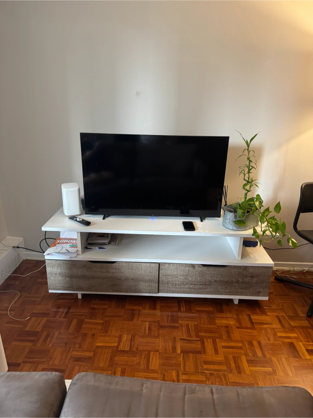 White and Wood TV Stand with Drawers