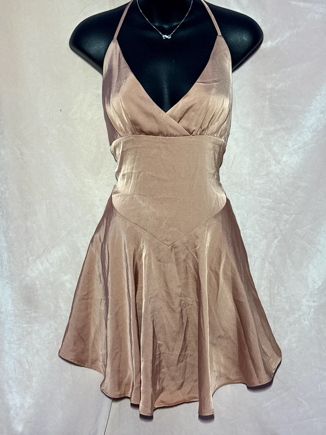 Champagne Satin Halter Open Back Mini Dress