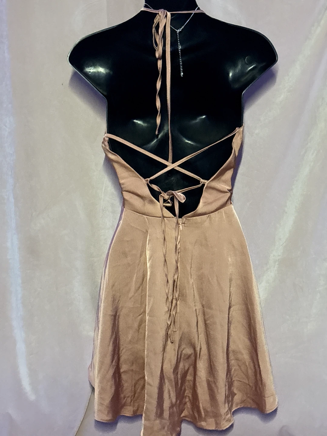 Champagne Satin Halter Open Back Mini Dress - photo 2