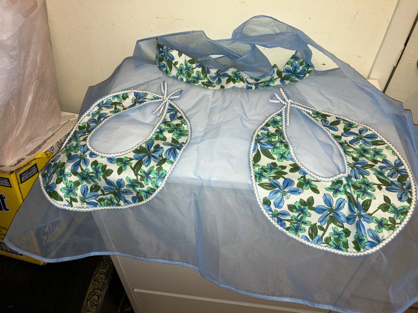 Vintage Blue Sheer Apron with Floral Bibs
