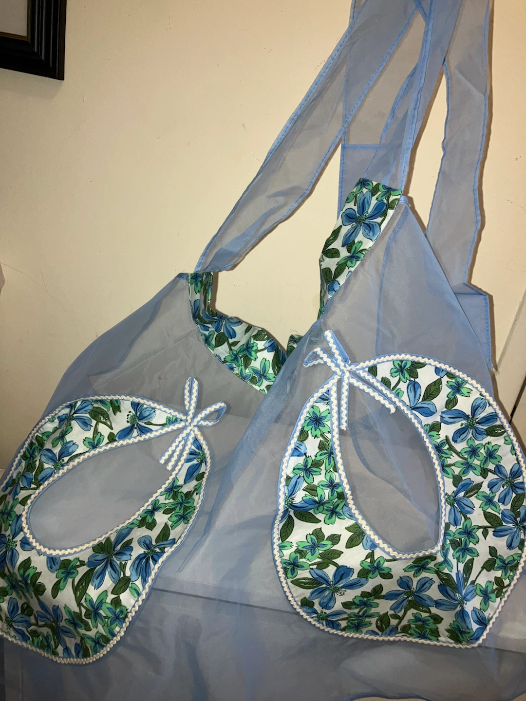 Vintage Blue Sheer Apron with Floral Bibs - photo 2