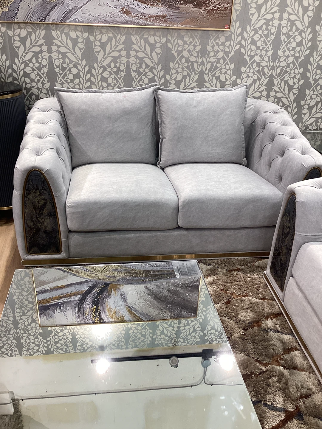 Grey Tufted Loveseat Sofa
