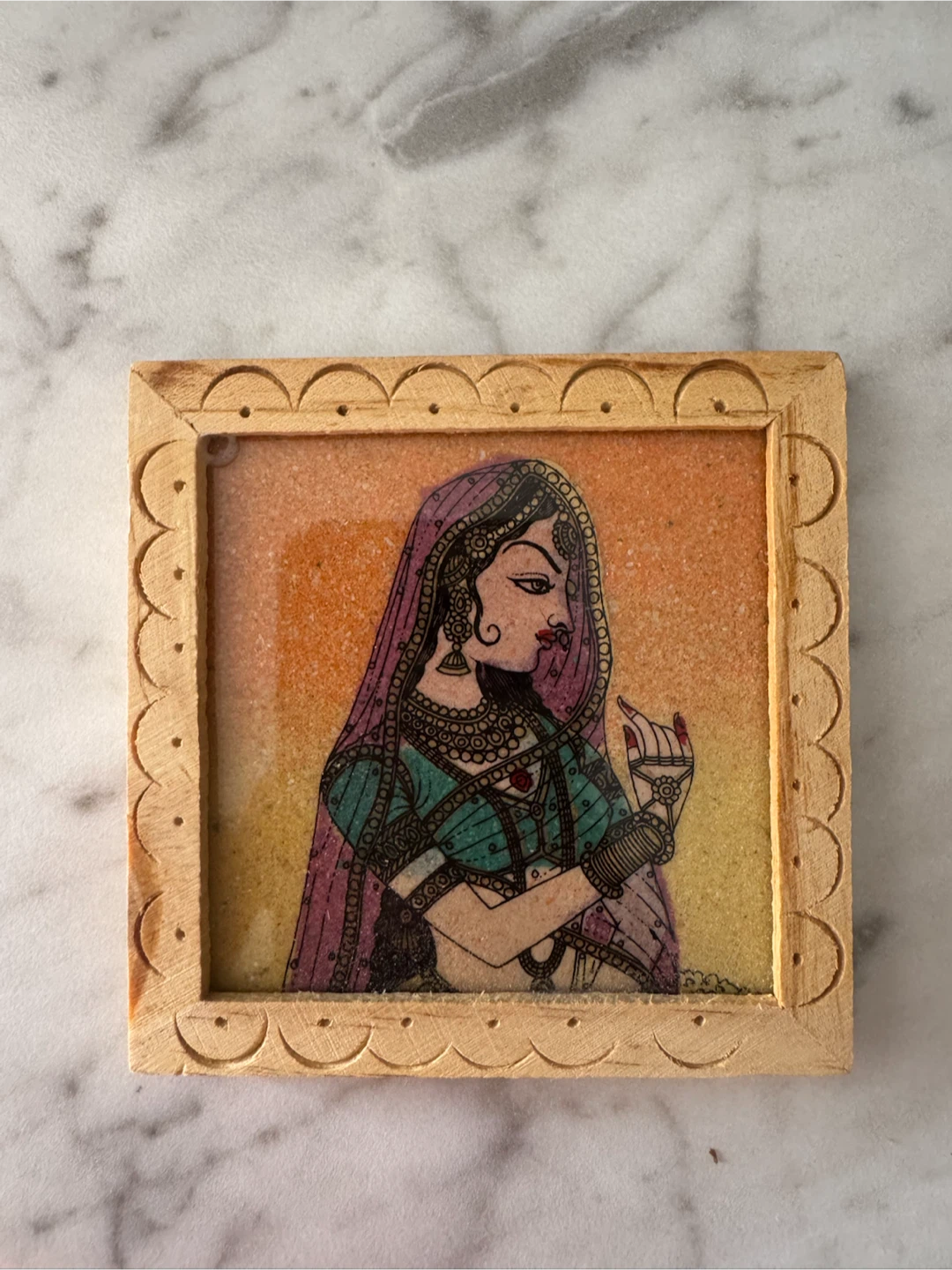 Wooden Framed Indian Woman Art Coaster
