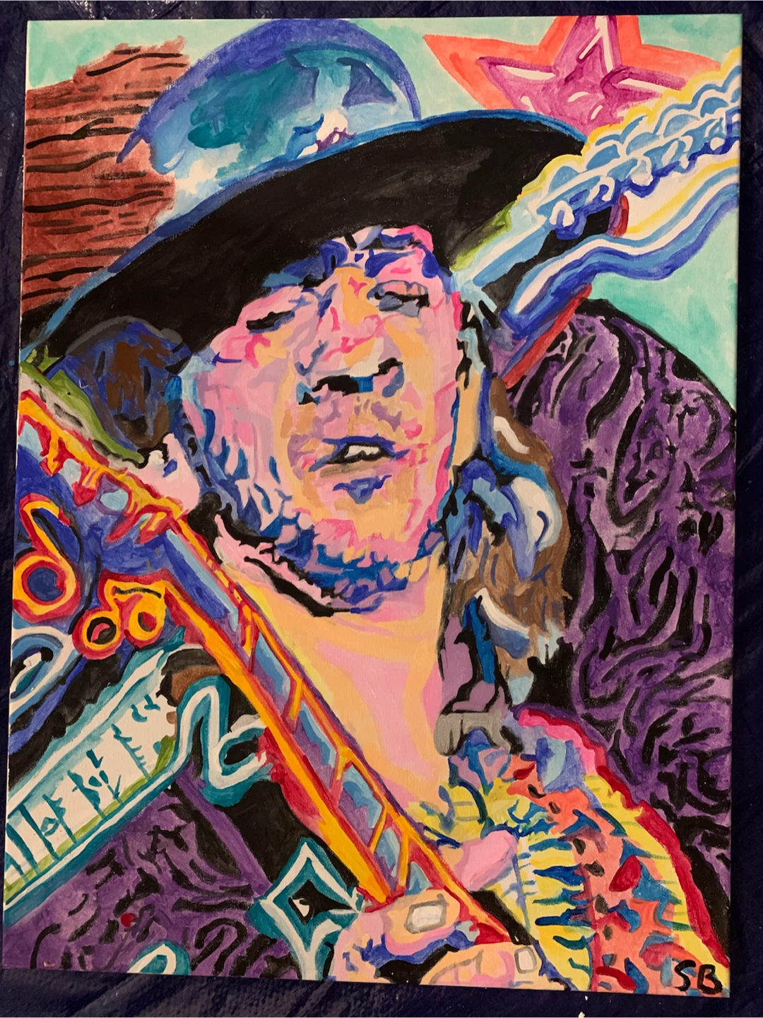 Colorful 18” x 24” acrylic Stevie Ray Vaughan portrait