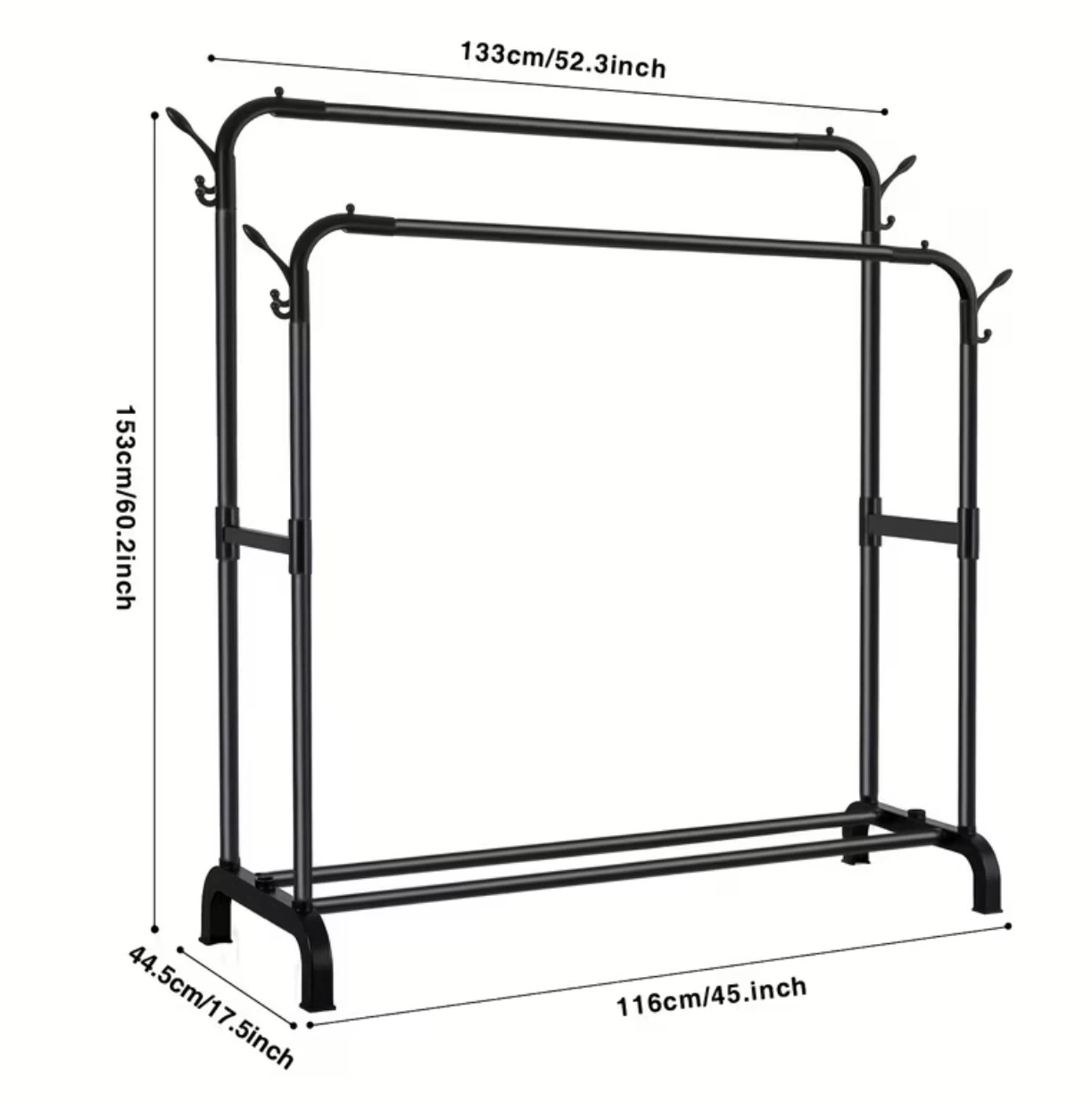 Black Double-Rod Garment Rack with Lower Shelf and Side Hooks