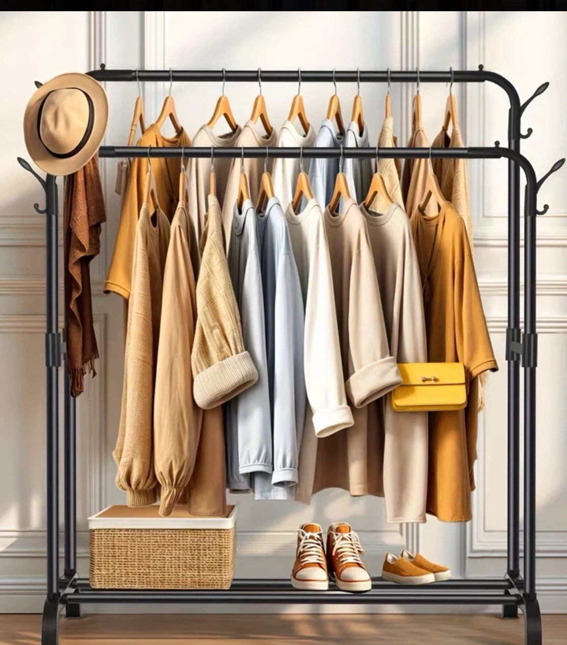Black Double-Rod Garment Rack with Lower Shelf and Side Hooks - photo 2