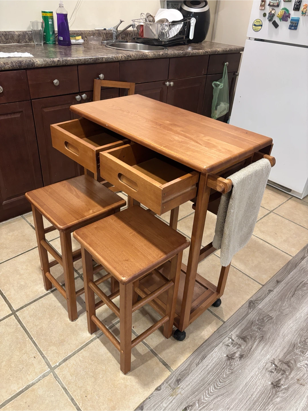 Wooden Kitchen Cart Island with 2 Stools and Storage Drawers