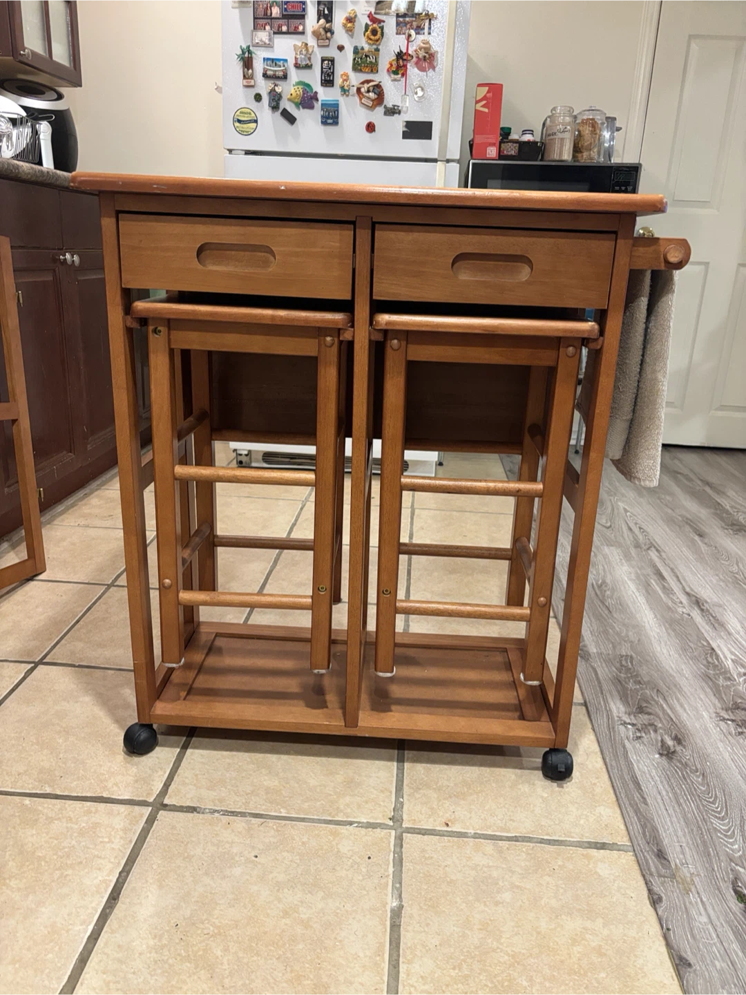 Wooden Kitchen Cart Island with 2 Stools and Storage Drawers - photo 2