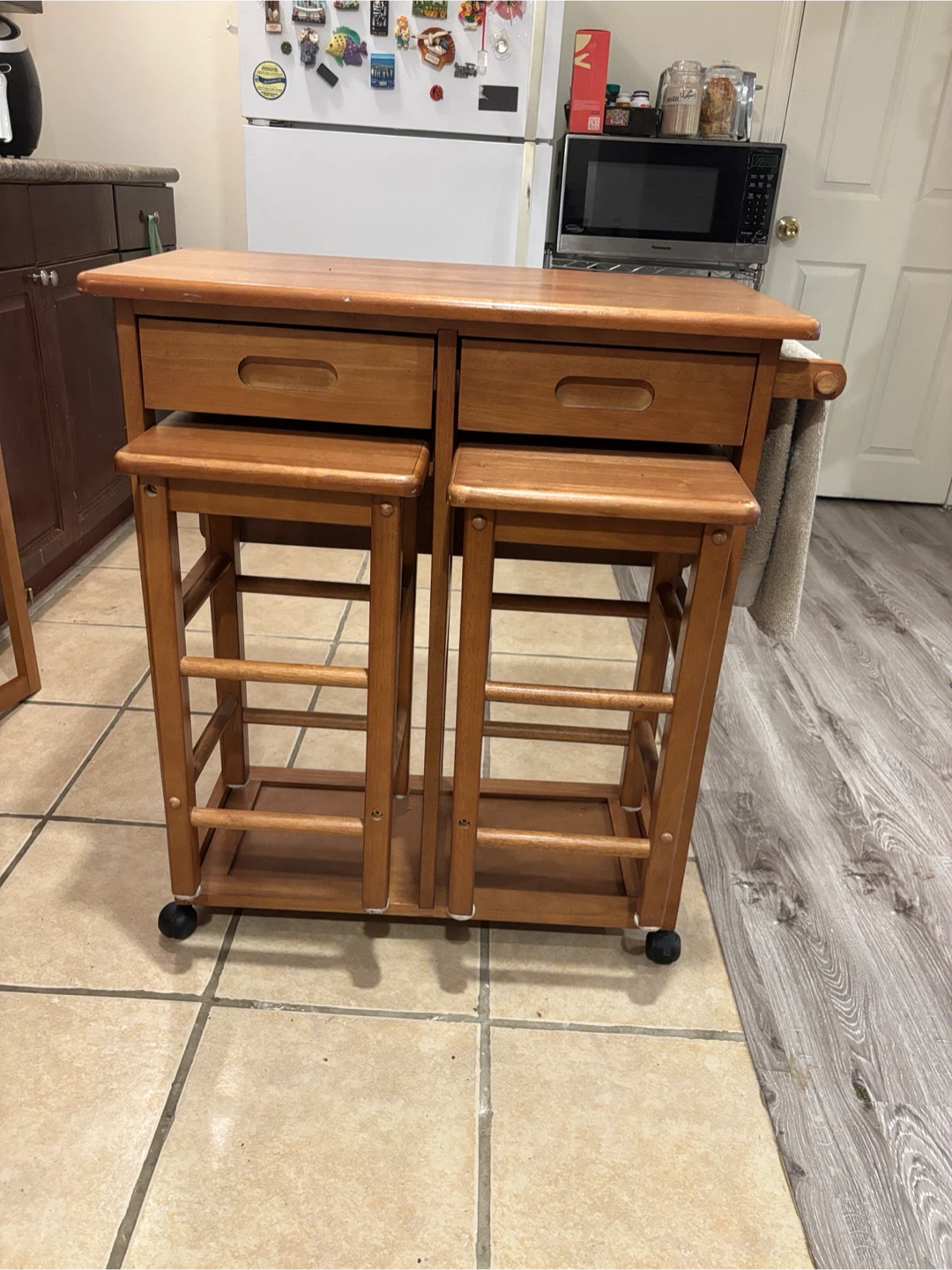 Wooden Kitchen Cart Island with 2 Stools and Storage Drawers - photo 3