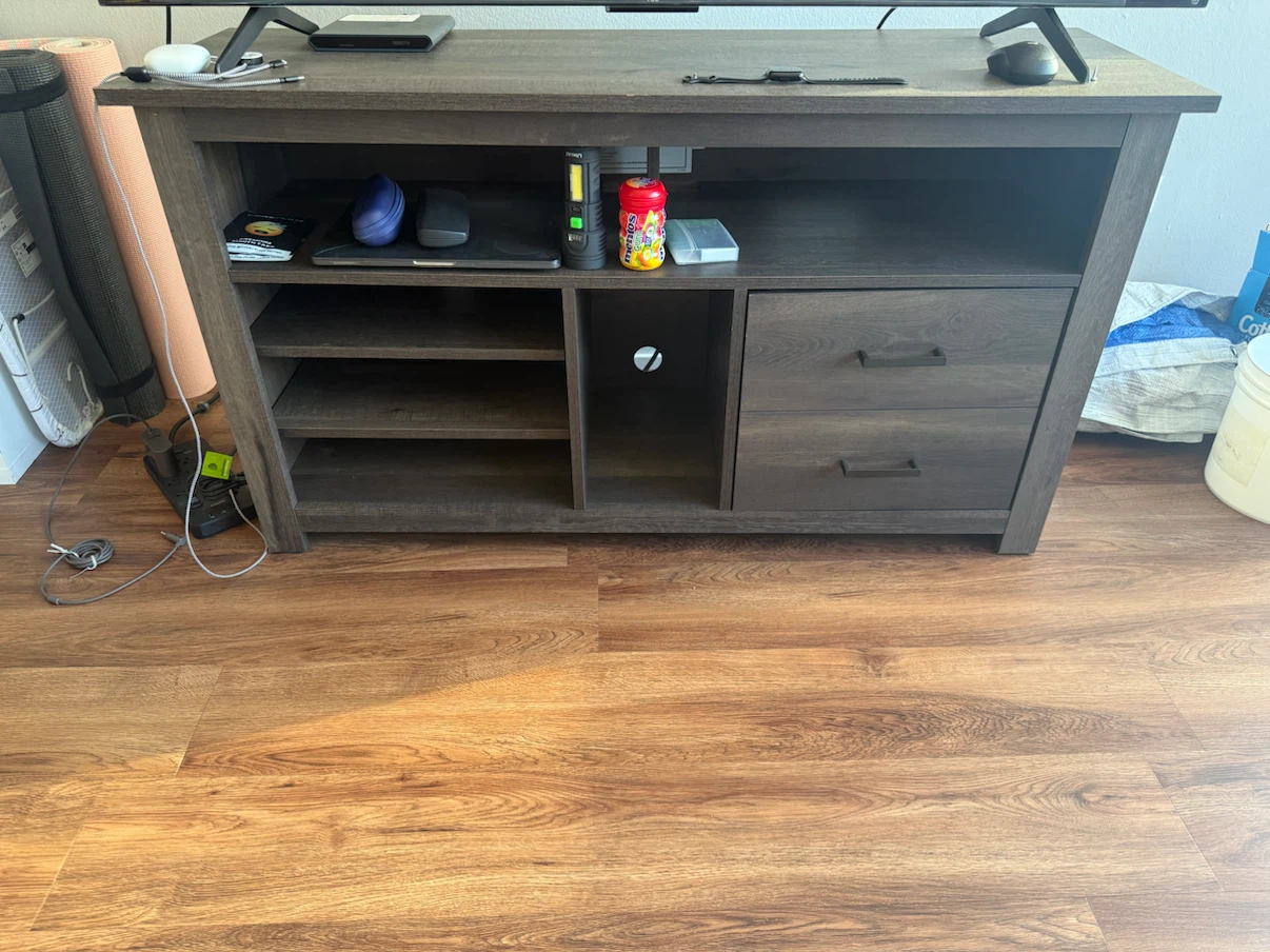 Dark Wood TV Stand with Drawers and Shelves