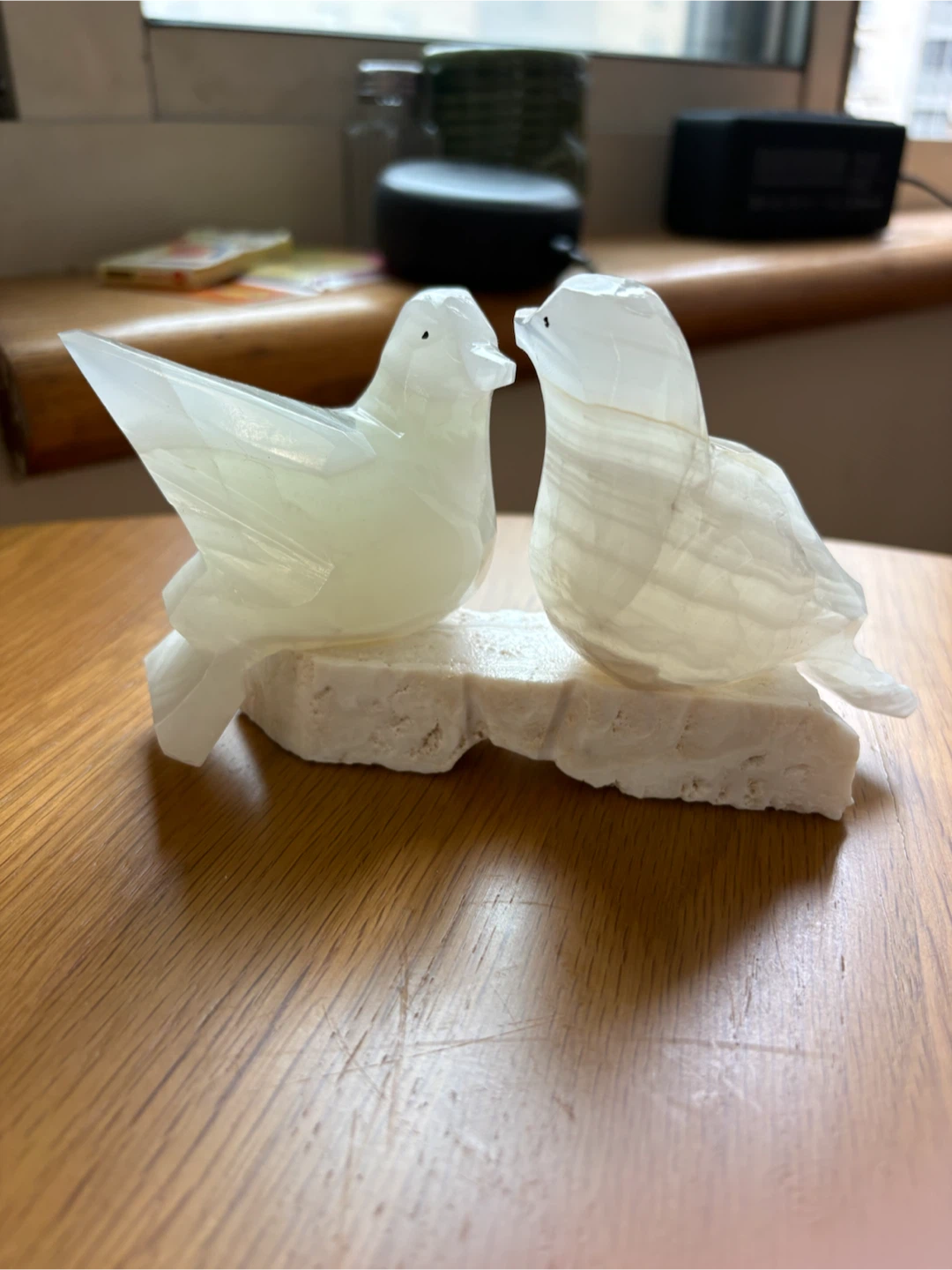 Carved Onyx Dove Figurines on Stone Base