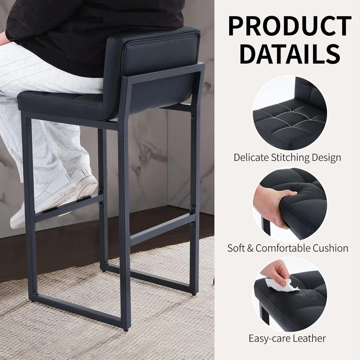Set of 2 Black Faux Leather Bar Stools - photo 3