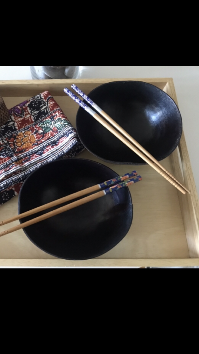 Thailand Coconut Shell Bowls & 2 pairs NEW Chopsticks