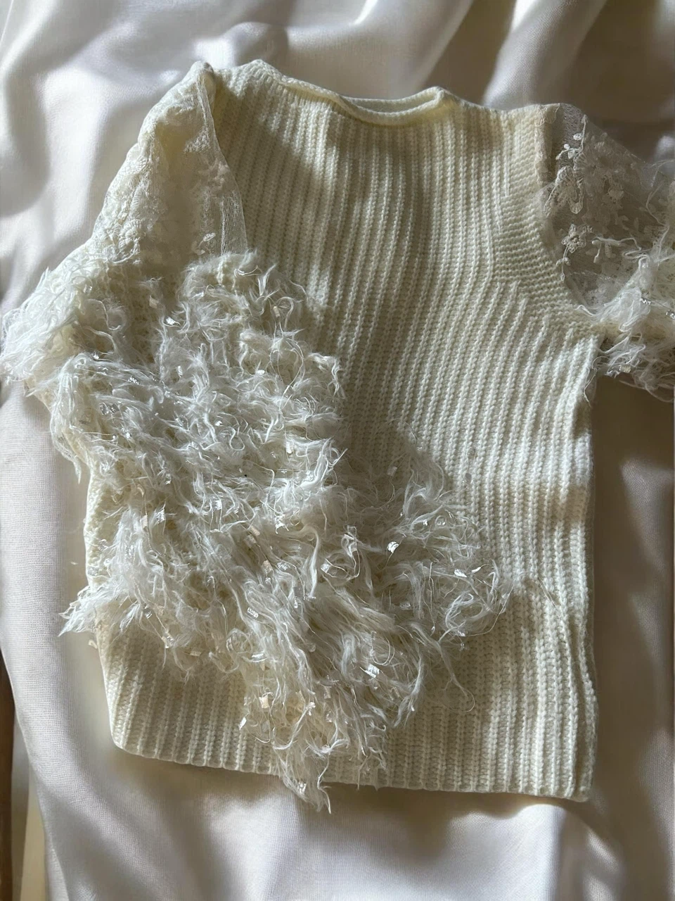 Cream knit sweater with fuzzy overlay and lace sleeves